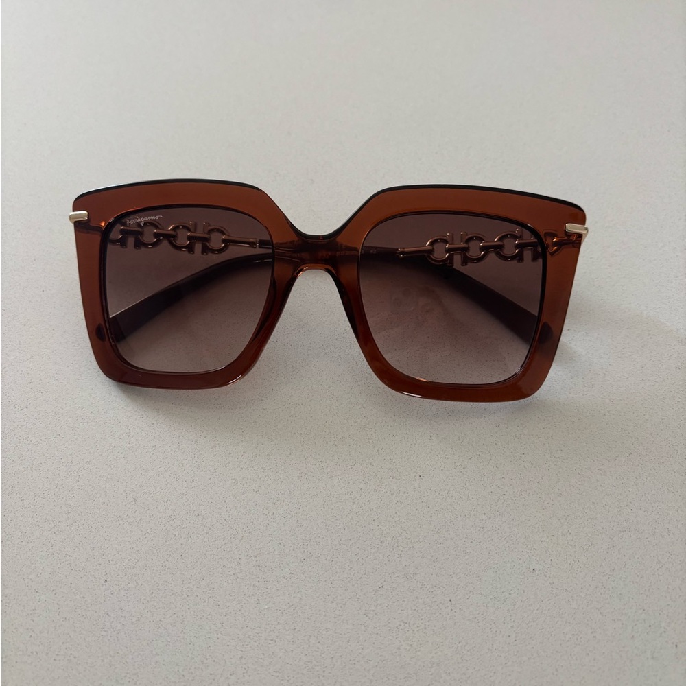 Ferragamo Brown Oversized Square Women's Sunglasses with Chain Accent